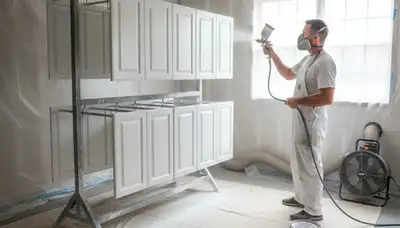 Professional cabinet painting process in Milwaukee WI with smooth spray finish for durable kitchen upgrade