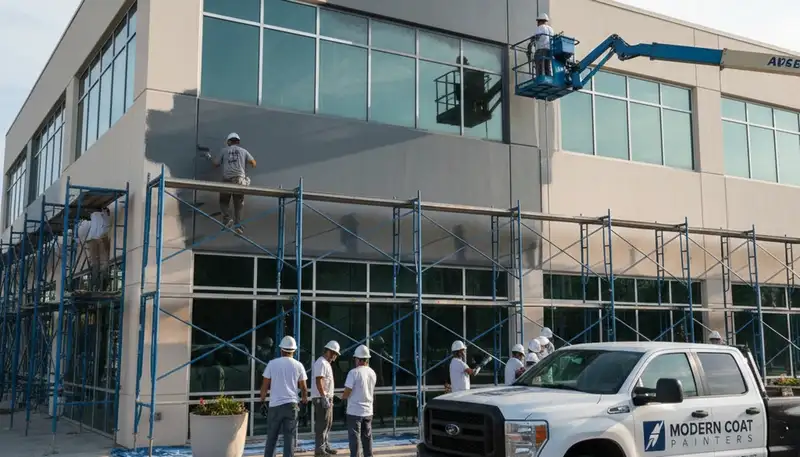 Professional commercial painters refinishing Milwaukee WI office building exterior with durable coatings