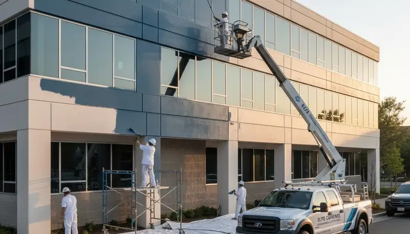 Professional commercial painters finishing an office building exterior in Milwaukee, WI