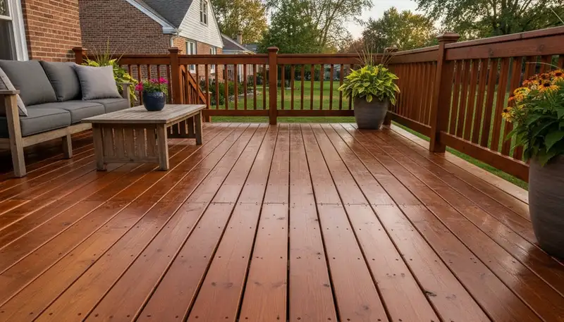 Finished deck staining in Milwaukee, WI showcasing restored wood finish and durable outdoor protection