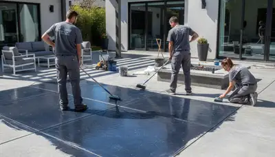 Professional concrete staining on residential garage floor in Milwaukee, WI by local painting experts