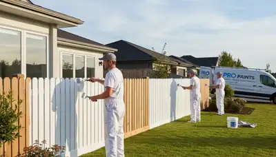 Professional fence painters staining wood fence in Milwaukee, WI for durable, weather-resistant finish