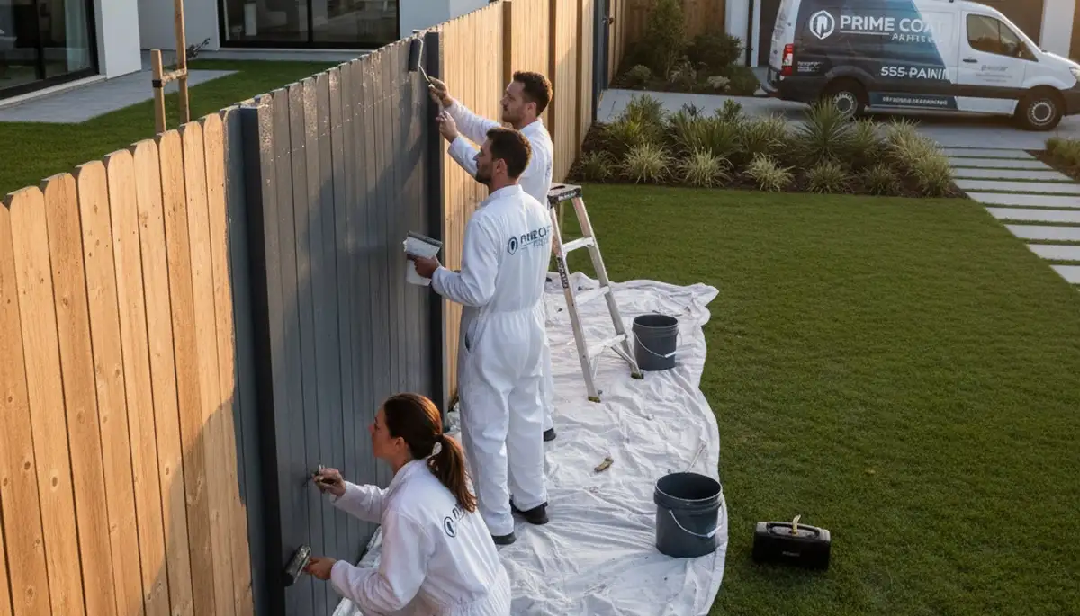 Professional fence painters refinishing wooden fence in Milwaukee, WI with weather-resistant paint