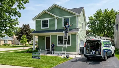 Professional house painters working on exterior home repaint in Milwaukee WI