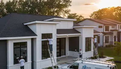 Professional house painters working on residential exterior in Milwaukee, WI