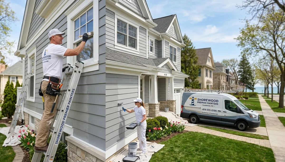 Professional house painters in Milwaukee WI applying fresh exterior paint to home siding