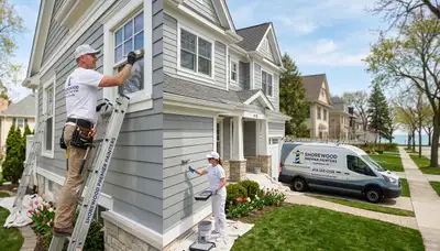 Professional house painters in Milwaukee WI applying fresh exterior paint to home siding