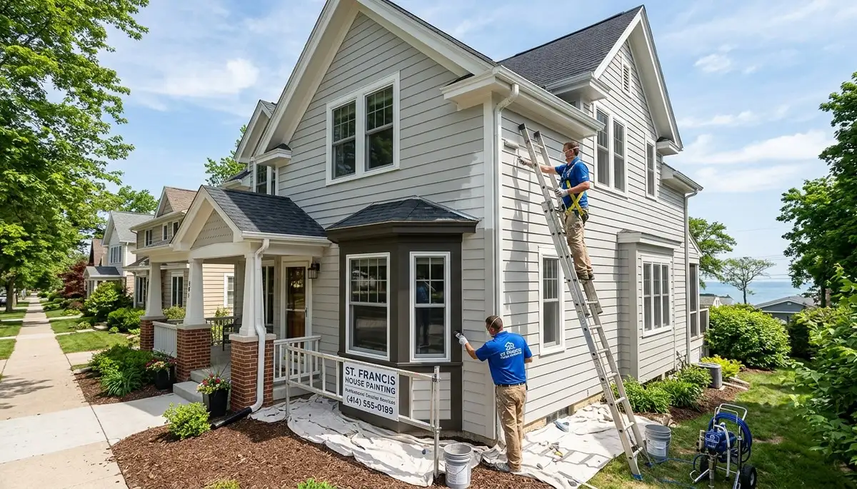 Professional house painters in Milwaukee WI applying exterior paint to a residential home