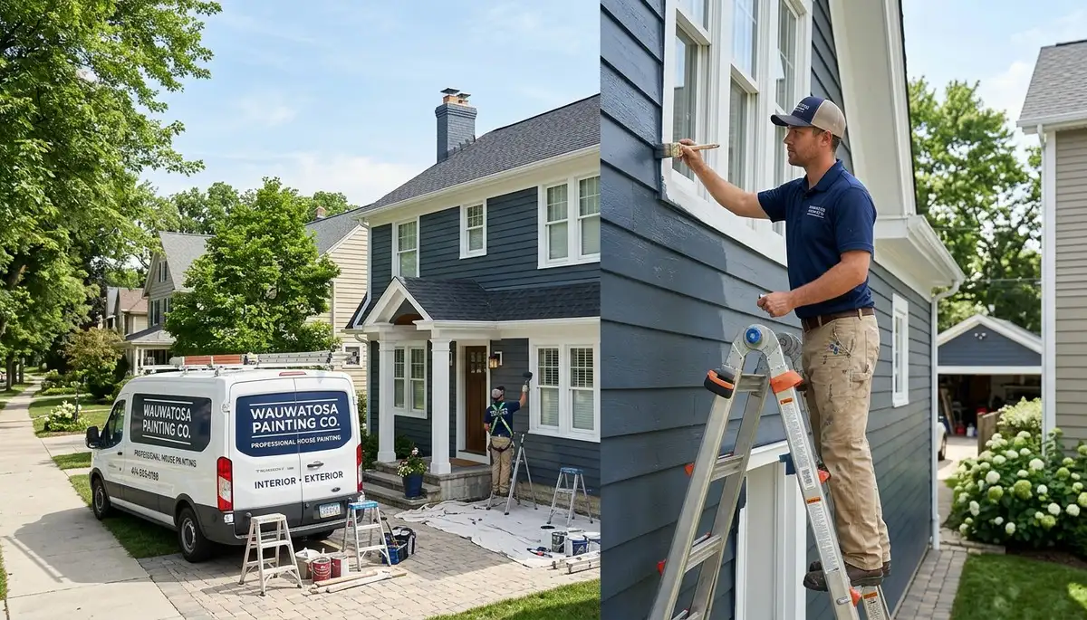 Professional house painters working on home exterior in Milwaukee, WI