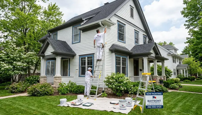 Professional house painters working on residential exterior in Milwaukee WI