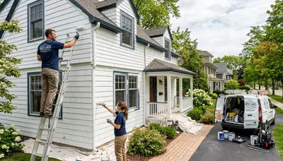 Professional house painters applying exterior paint to Milwaukee WI home