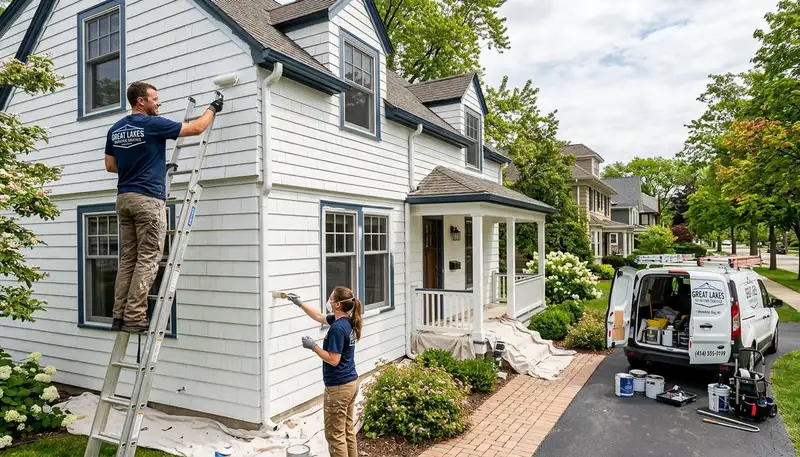 Professional house painters applying exterior paint to Milwaukee WI home