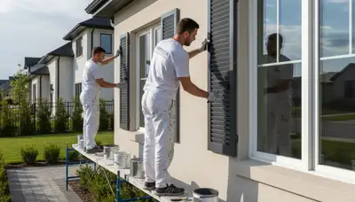 Professional painters refinishing exterior shutters in Milwaukee, WI for durable weather-resistant finish